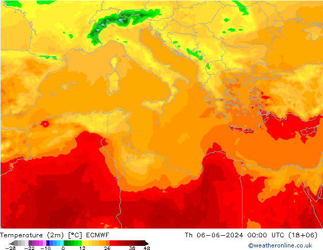 Temperatuurkaart (2m) ECMWF do 06.06.2024 00 UTC