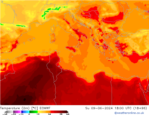 карта температуры ECMWF Вс 09.06.2024 18 UTC