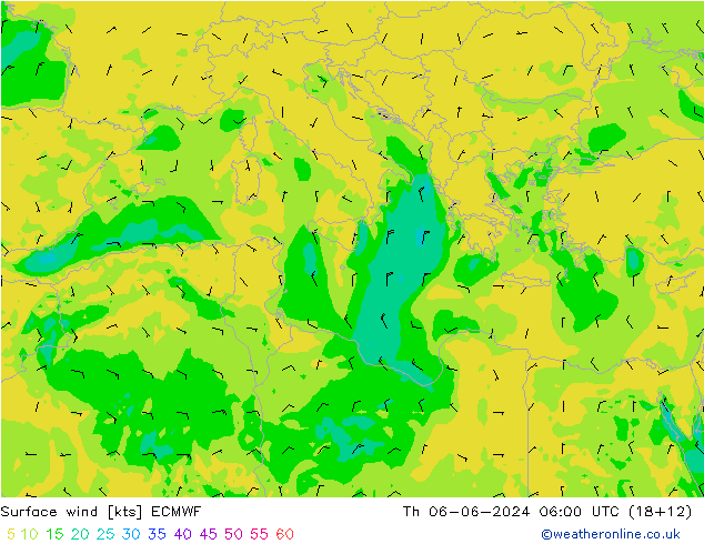 Surface wind ECMWF Čt 06.06.2024 06 UTC