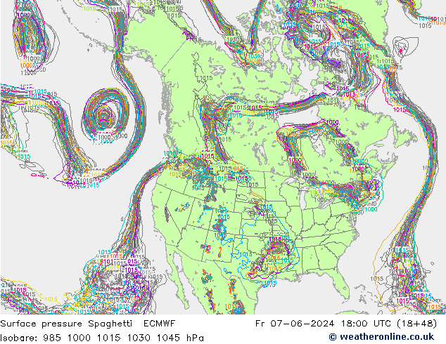 Luchtdruk op zeeniveau Spaghetti ECMWF vr 07.06.2024 18 UTC