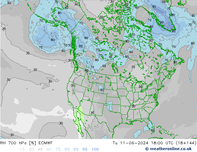 Humidité rel. 700 hPa ECMWF mar 11.06.2024 18 UTC