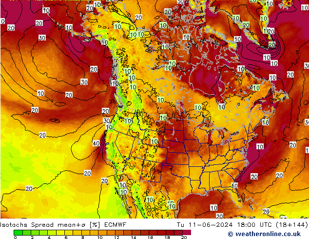 Isotachs Spread ECMWF Út 11.06.2024 18 UTC