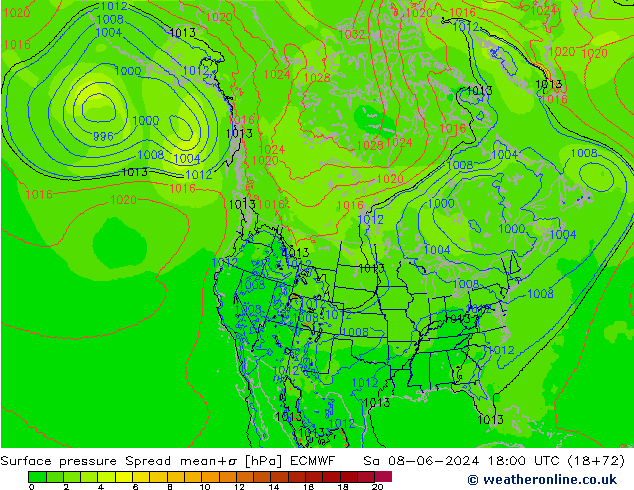 Atmosférický tlak Spread ECMWF So 08.06.2024 18 UTC