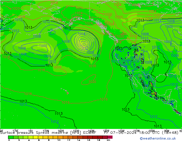 Presión superficial Spread ECMWF vie 07.06.2024 18 UTC