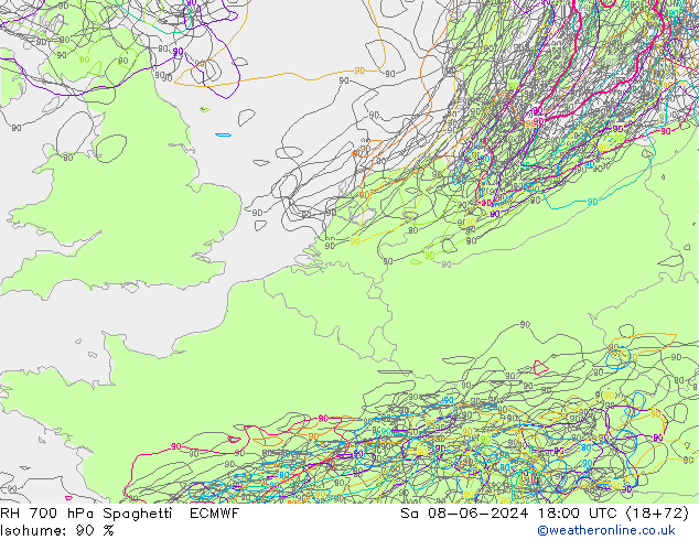 RH 700 hPa Spaghetti ECMWF  08.06.2024 18 UTC