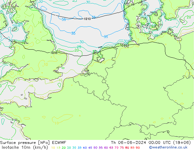 Izotacha (km/godz) ECMWF czw. 06.06.2024 00 UTC