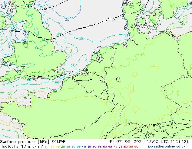 Isotachen (km/h) ECMWF vr 07.06.2024 12 UTC