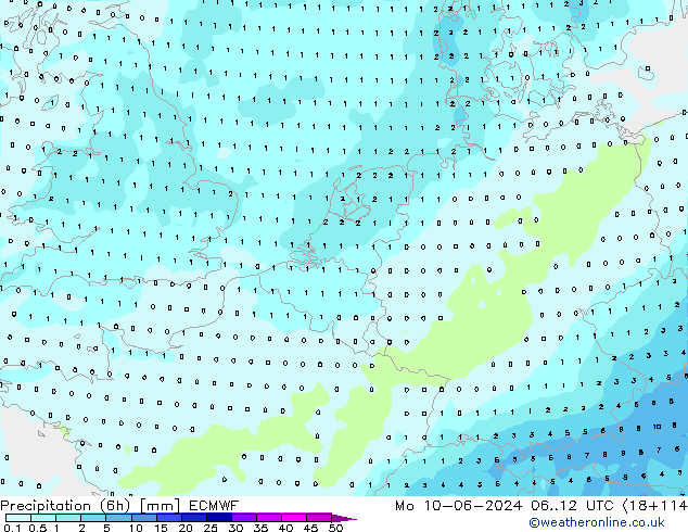 Precipitation (6h) ECMWF Po 10.06.2024 12 UTC