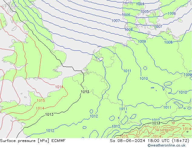 Presión superficial ECMWF sáb 08.06.2024 18 UTC