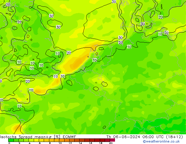 Isotachs Spread ECMWF Čt 06.06.2024 06 UTC