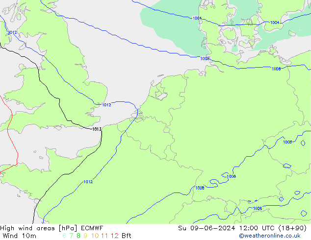 High wind areas ECMWF dom 09.06.2024 12 UTC