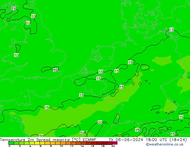 Temperature 2m Spread ECMWF Th 06.06.2024 18 UTC