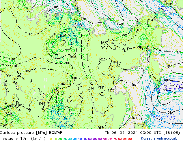 Isotachs (kph) ECMWF jeu 06.06.2024 00 UTC