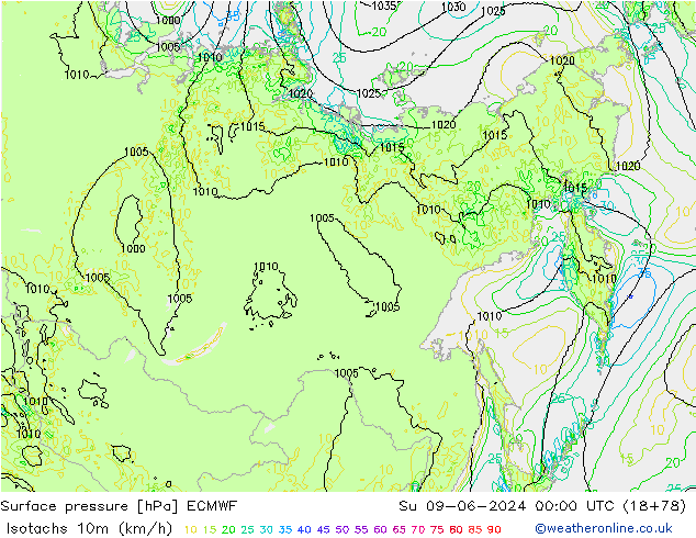 Isotachen (km/h) ECMWF zo 09.06.2024 00 UTC