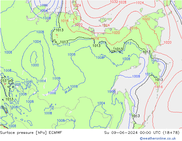 Presión superficial ECMWF dom 09.06.2024 00 UTC