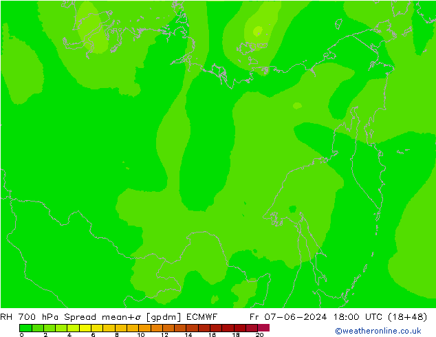 Humedad rel. 700hPa Spread ECMWF vie 07.06.2024 18 UTC