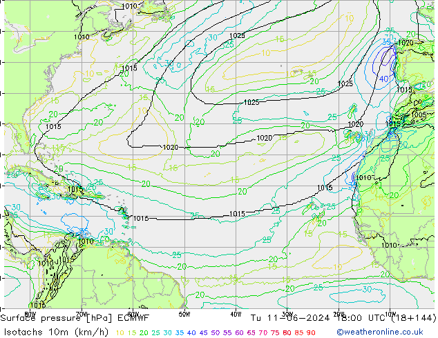 Isotachen (km/h) ECMWF di 11.06.2024 18 UTC