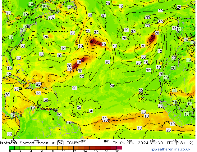 Isotachs Spread ECMWF Čt 06.06.2024 06 UTC