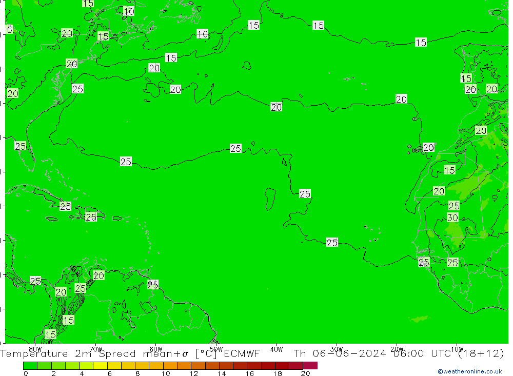 Sıcaklık Haritası 2m Spread ECMWF Per 06.06.2024 06 UTC