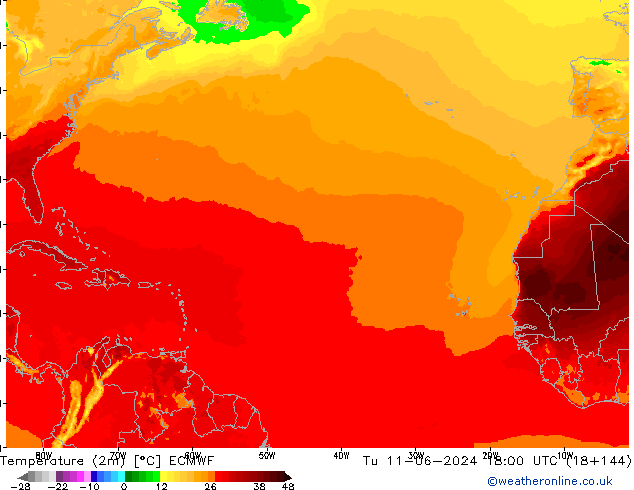 Temperature (2m) ECMWF Tu 11.06.2024 18 UTC