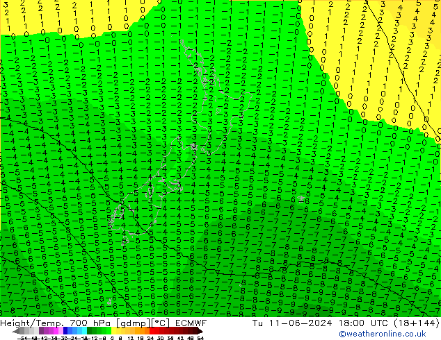 Height/Temp. 700 hPa ECMWF mar 11.06.2024 18 UTC