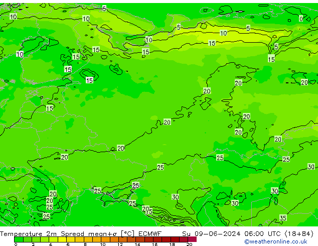 Temperatura 2m Spread ECMWF Dom 09.06.2024 06 UTC