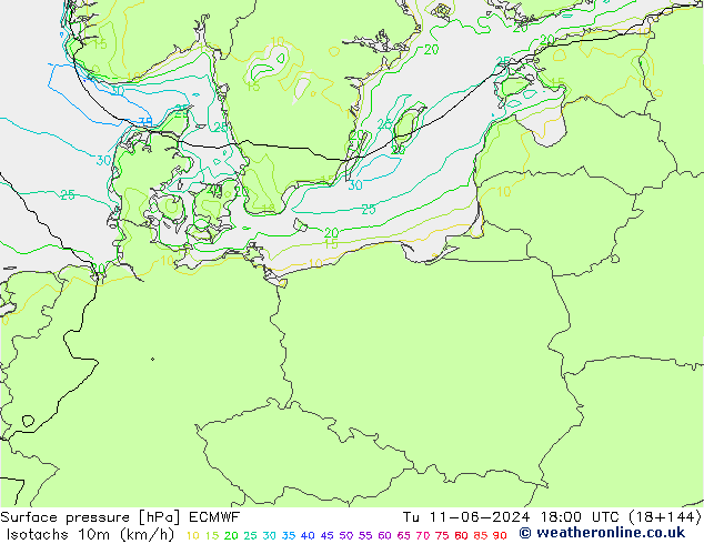 Isotachs (kph) ECMWF Út 11.06.2024 18 UTC