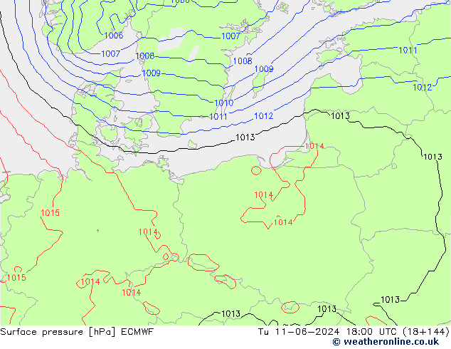 Surface pressure ECMWF Tu 11.06.2024 18 UTC