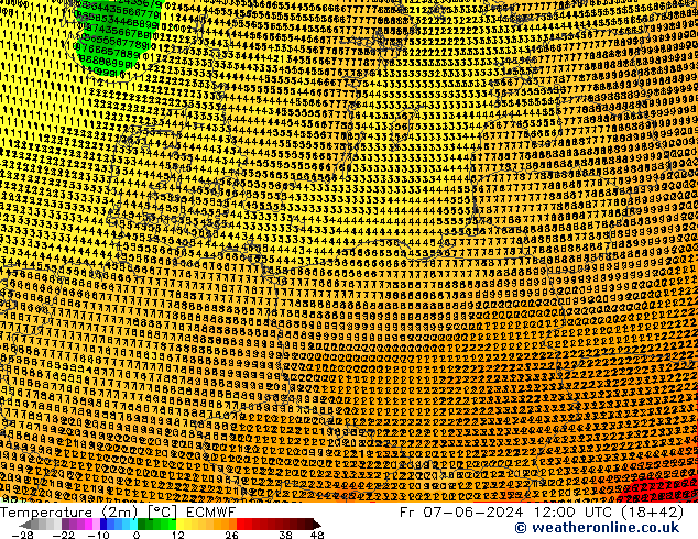 Temperatuurkaart (2m) ECMWF vr 07.06.2024 12 UTC