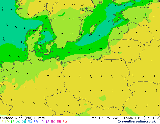 Surface wind ECMWF Po 10.06.2024 18 UTC