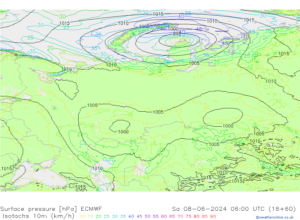 Isotaca (kph) ECMWF sáb 08.06.2024 06 UTC
