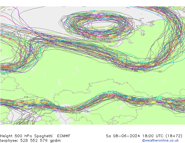 Height 500 hPa Spaghetti ECMWF Sáb 08.06.2024 18 UTC