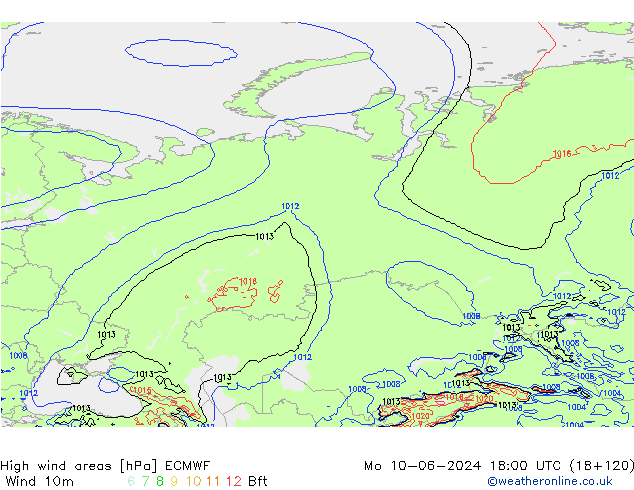 High wind areas ECMWF Mo 10.06.2024 18 UTC