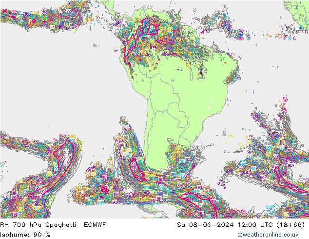 RH 700 hPa Spaghetti ECMWF so. 08.06.2024 12 UTC