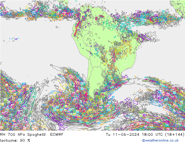 RH 700 hPa Spaghetti ECMWF Tu 11.06.2024 18 UTC