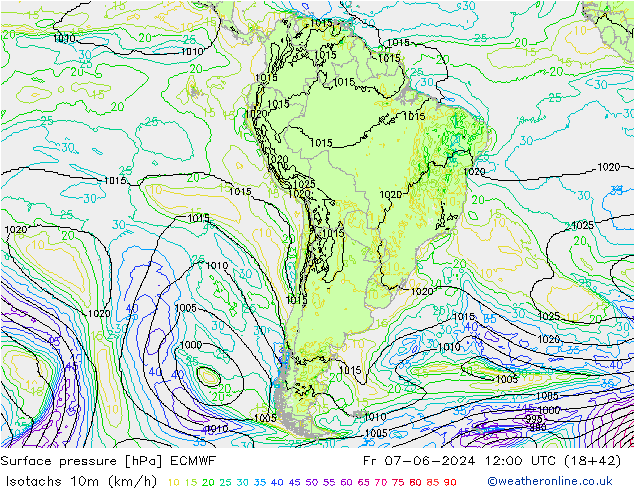 Isotachen (km/h) ECMWF vr 07.06.2024 12 UTC