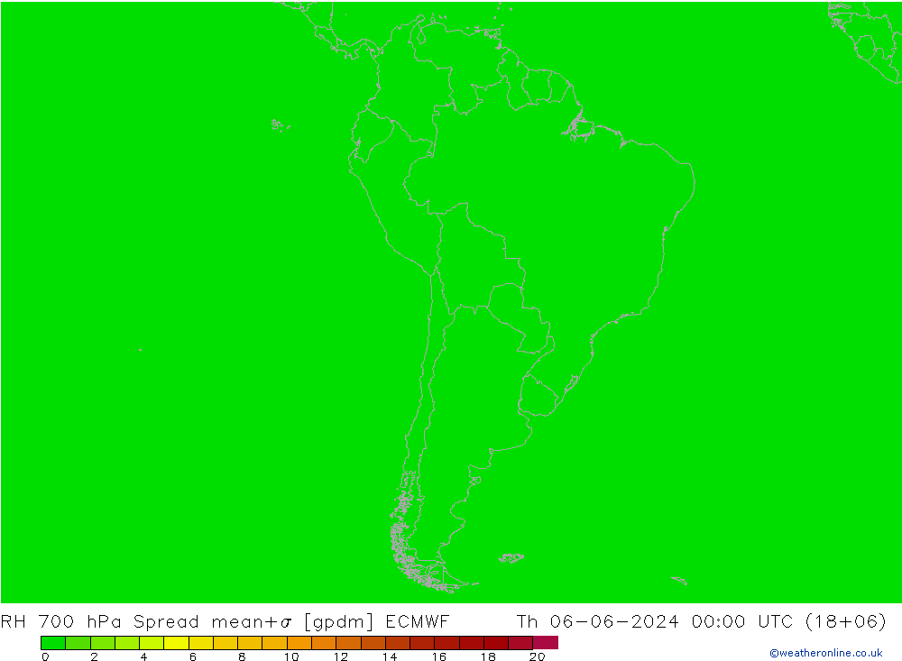 RH 700 hPa Spread ECMWF gio 06.06.2024 00 UTC