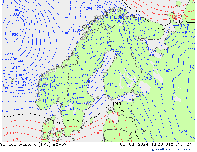 Surface pressure ECMWF Th 06.06.2024 18 UTC