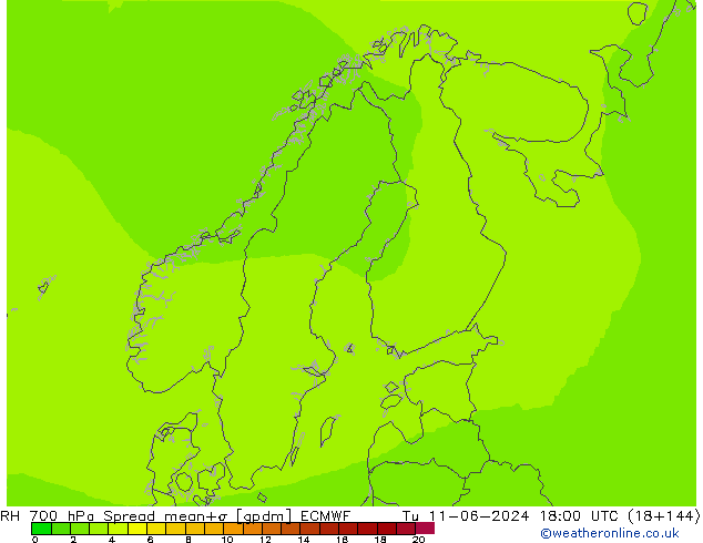 RH 700 hPa Spread ECMWF Di 11.06.2024 18 UTC