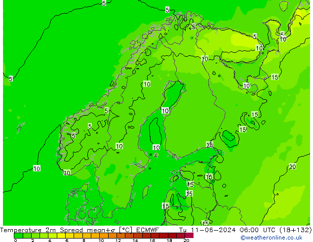 Temperaturkarte Spread ECMWF Di 11.06.2024 06 UTC