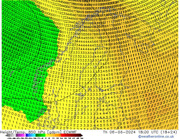 Hoogte/Temp. 850 hPa ECMWF do 06.06.2024 18 UTC