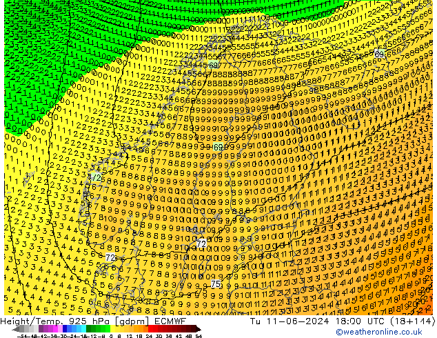 Height/Temp. 925 hPa ECMWF Tu 11.06.2024 18 UTC