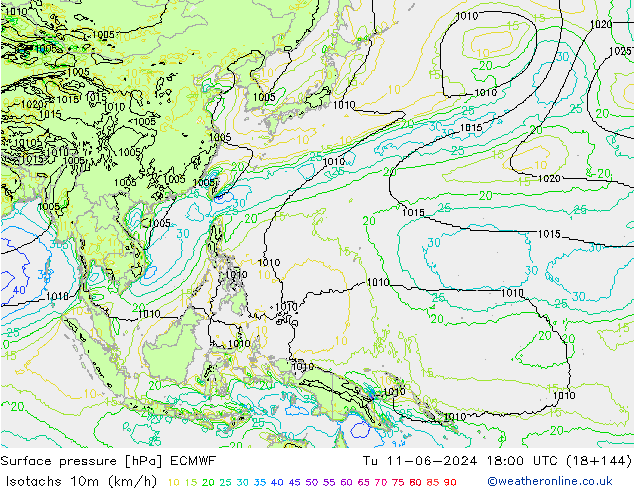 Isotaca (kph) ECMWF mar 11.06.2024 18 UTC