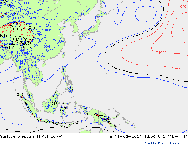 Surface pressure ECMWF Tu 11.06.2024 18 UTC