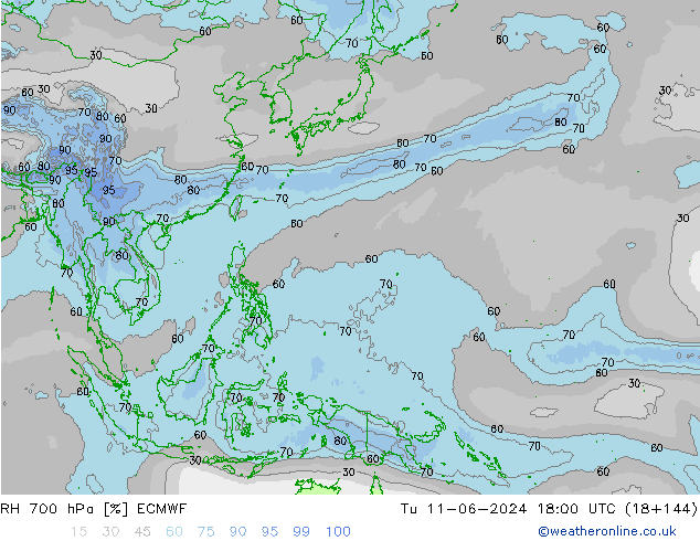 RH 700 hPa ECMWF Út 11.06.2024 18 UTC