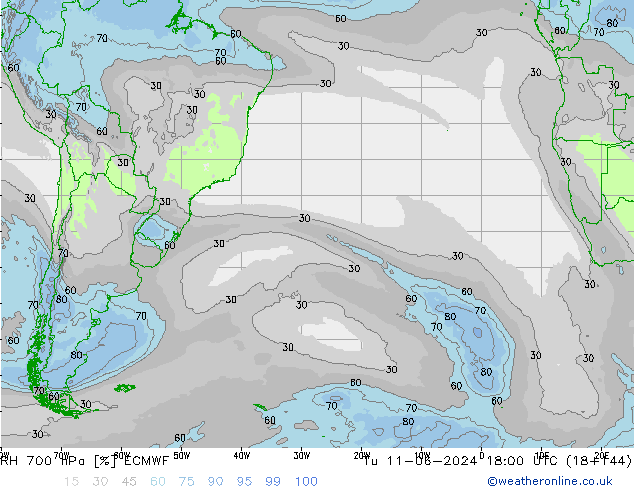 RH 700 hPa ECMWF Ter 11.06.2024 18 UTC