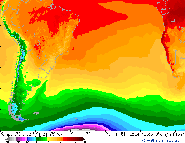 Temperatura (2m) ECMWF mar 11.06.2024 12 UTC