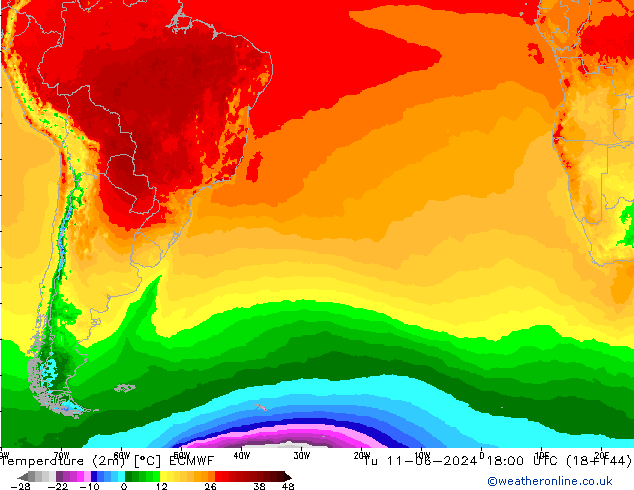 Temperature (2m) ECMWF Tu 11.06.2024 18 UTC