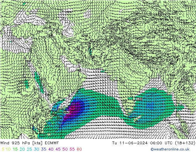 Wind 925 hPa ECMWF Út 11.06.2024 06 UTC