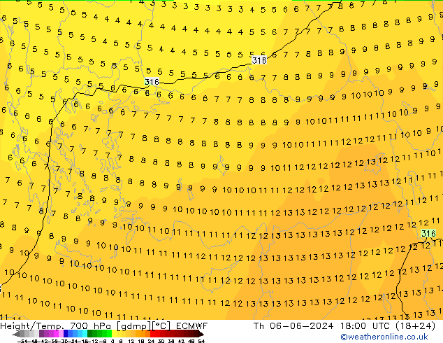 Height/Temp. 700 гПа ECMWF чт 06.06.2024 18 UTC